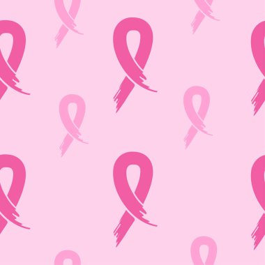 Açık pembe arka planda pembe farkındalık kurdeleleri. Kusursuz desen. Suluboya, boya, eskiz, grunge, grafiti. Vektör illüstrasyonu.