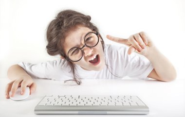 Angry little girl and computer clipart