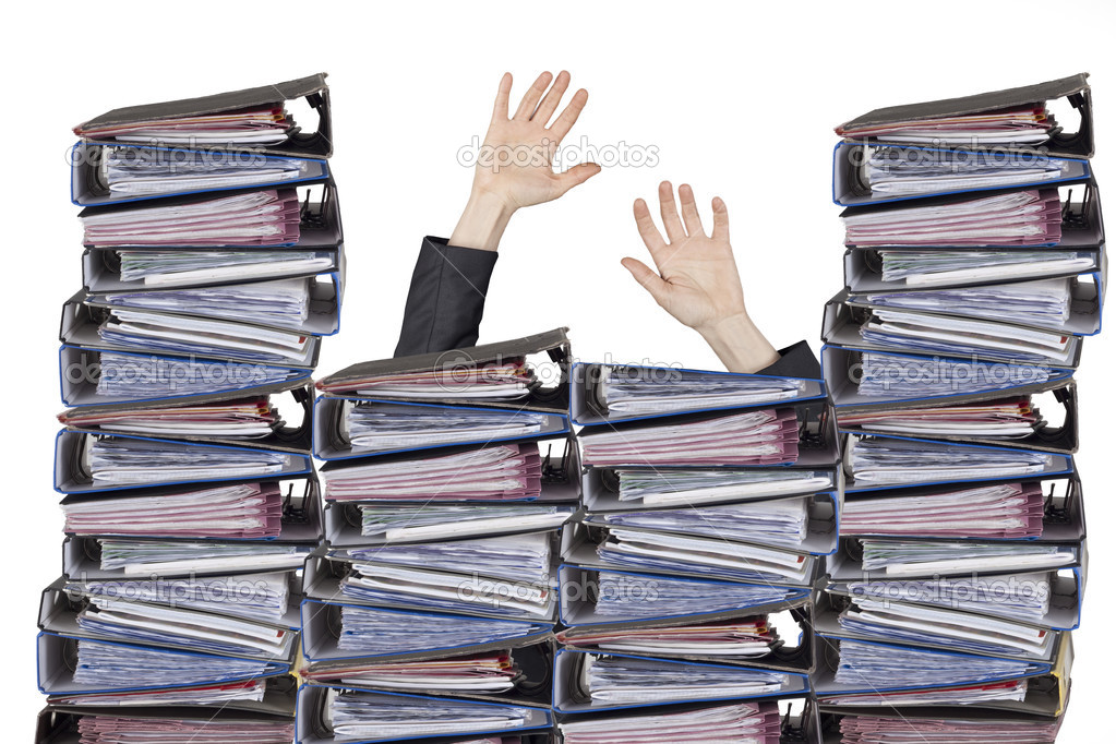 Busy officer hands with files