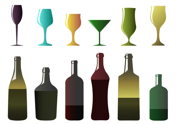 Diferentes garrafas e copos — Vetor de Stock