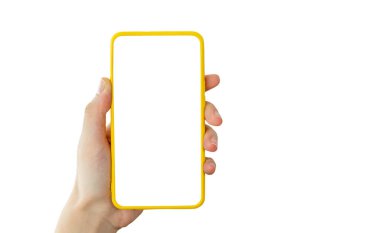 Hand holding mobile phone on white