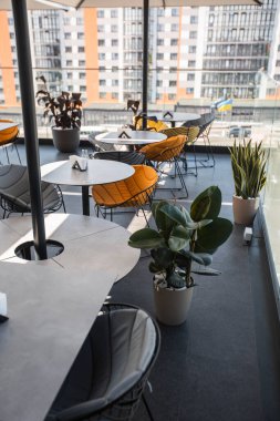 Parlak bahçe mobilyaları ve ahşap zemin ve tuğla duvarlı rahat terasta bitkiler. Bir restoranın yaz terası.