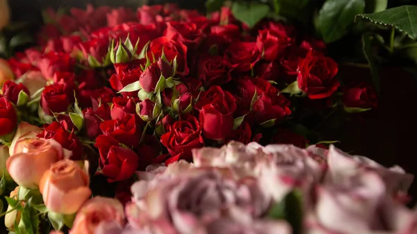 Багато Різних Кольорів Столу Квітковому Магазині Вітрина Тло Міксу Квітів — стокове фото
