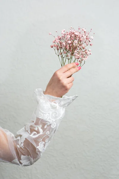 Vrouwelijke Hand Met Een Boeket Roze Gypsophila Bloemen Baby Adem — Stockfoto