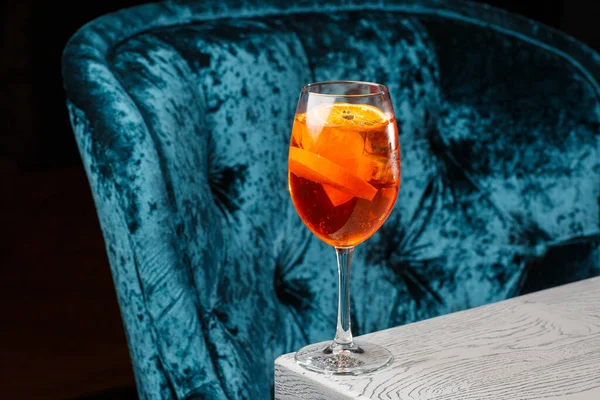 Glass Ice Cold Aperol Spritz Cocktail Served Wine Glass Decorated — стоковое фото