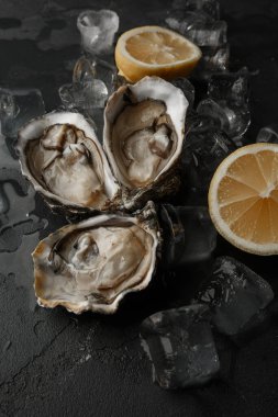 Koyu arka planda taze istiridye, istiridye, limon ve buzla servis edilir. Sağlıklı deniz ürünleri. Gurme yemeği. en üstteki görünüm