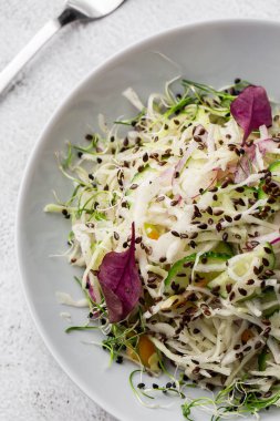 Vejetaryen salatası. Lahana, salatalık, yeşil soğan ve maydanozlu taze vegan salatası. Üst görünüm, düz görünüm, genel görünüm.