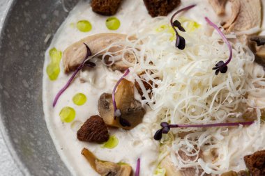 Bir kase mantar kremalı çorba, kızarmış şampiyonlar ve gri mermer arka planda tavuk. Kış, sonbahar sıcak çorba konsepti.