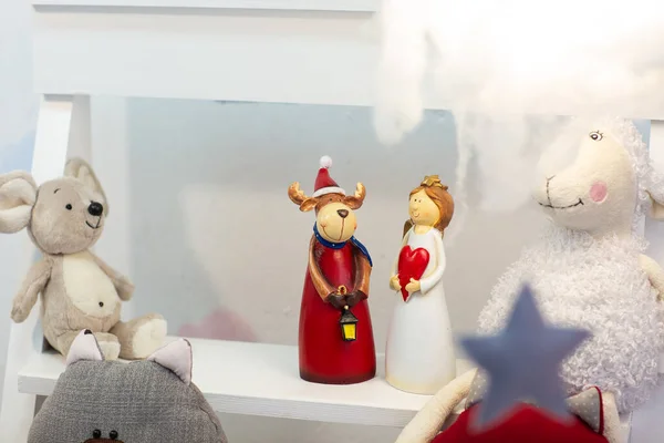 Christmas Ceramic Toy Deer Angel Holiday Clothes Wooden Sleigh Snow — Fotografia de Stock