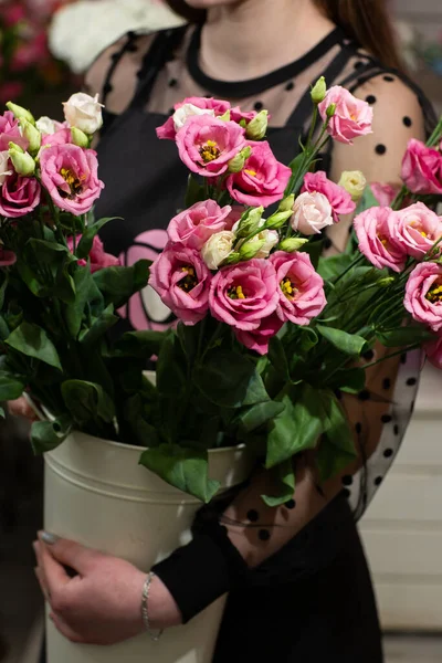 Woman Holding Beautiful Eustoma White Pink Eustoma Blurred Background Wedding — Stockfoto