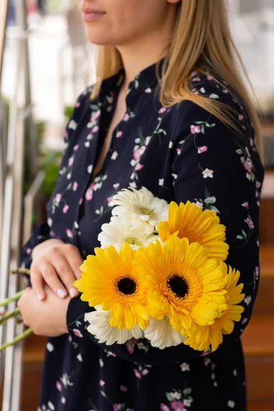 Gul Och Vit Krysantemum Kvinnliga Händer Suddig Bakgrund Närbild Vackra — Stockfoto