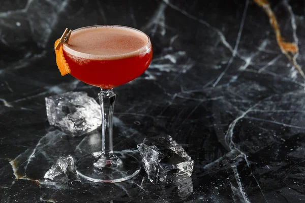 Red Sour Cocktail Coupe Glass Garnished Orange Peel Clover Club — Stock Photo, Image
