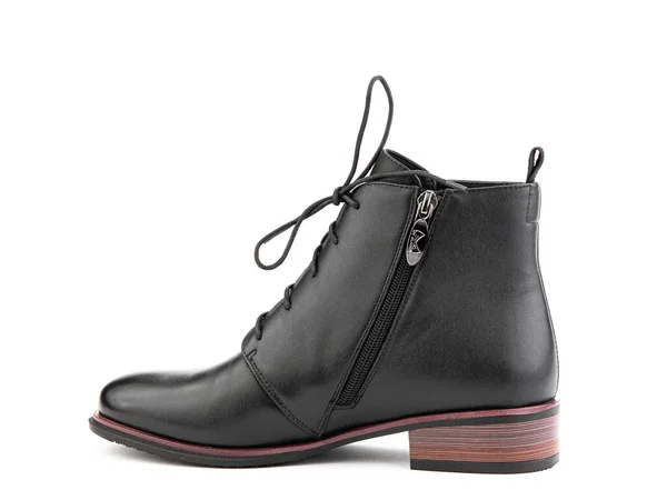 Bottines Automne Femme Cuir Noir Avec Zip Noir Talons Bruns — Photo