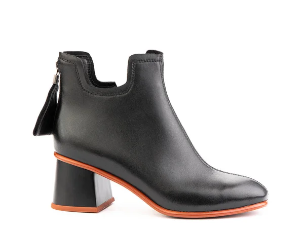 Women Autumn Ankle Black Leather Boots Zip Average Heels Isolated — Stock Photo, Image
