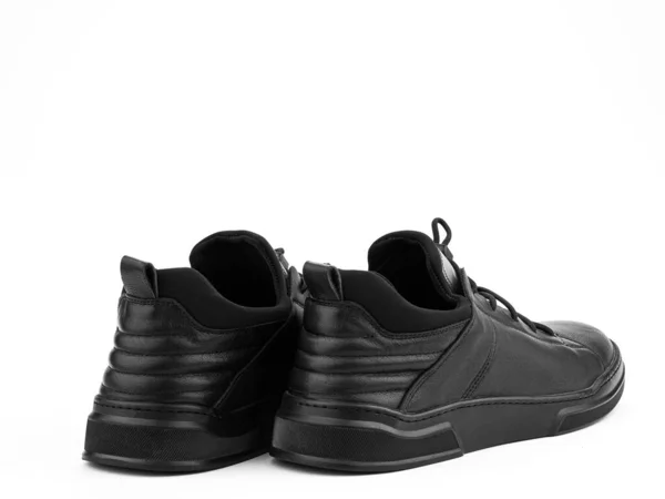 Чорні Шкіряні Класичні Кросівки Мереживом Повсякденний Чоловічий Стиль Чорні Гумові — стокове фото