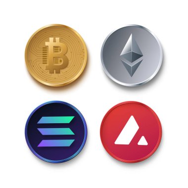 Beyaza izole edilmiş kripto para birimi sembolleri. 3 boyutlu vektör paralar. Bitcoin, ethereum, solana ve çığ