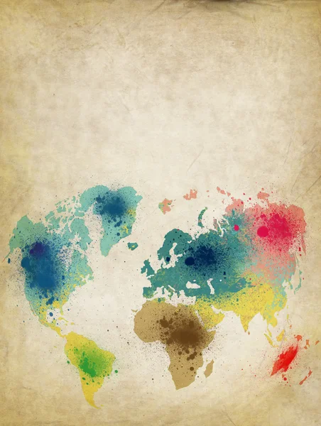 World map with colorful splash on old paper — Stock Photo, Image