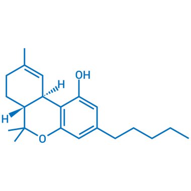 Tetrahydrocannabinol 'ün kimyasal yapısı (C21H30O2)