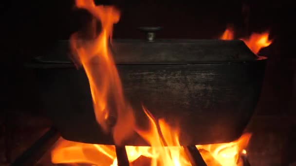 Traditionell öppen spis vedeldad ugn matlagning koncept. Semester mat eld matlagning gryta ved. Helgmiddag. Förbereder mat i brand. Gjutjärn gryta brasa ved i sten ugn matlagning bakgrund — Stockvideo