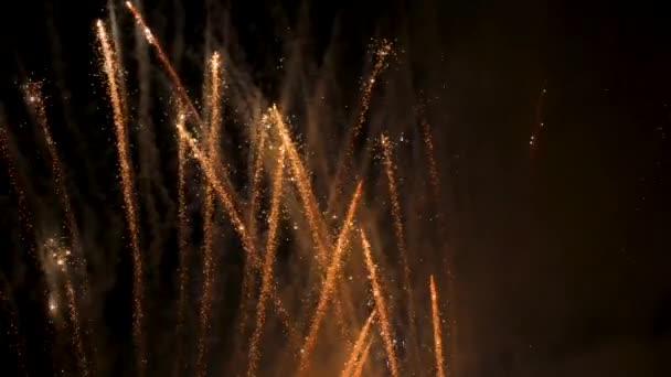 Arany tűzijáték ünneplés háttér újév. Újévi tűzijáték háttér ünnep minta szikrázik. Ünnepi éjszaka ünnep tűzijáték rakéta fesztivál háttér ünnepi fény arany részecskék — Stock videók