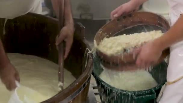 Handgemaakte proces productie mozzarella kaas maken handmatig kaas fabriek zuivel voedsel traditionele mozzarella ambachtelijke maken van lokale voedselproductie. Lokale traditionele kaaszuivel — Stockvideo