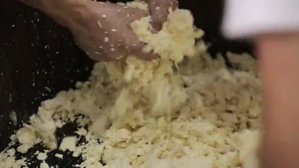 Handgefertigte Prozess-Produktion Mozzarella-Käse Herstellung manuell Käsefabrik Milchprodukte traditionelle Mozzarella Handwerk Herstellung lokaler Lebensmittel. Traditionelle Käsereiprodukte aus lokaler Produktion — Stockvideo