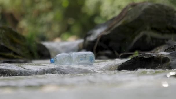 Picking up garbage water plastic nature. Volunteer cleaning river trash pick up litter picking. Cleaning trash mountain river pollution plastic PET bottle plastic garbage shore. Collecting trash shore — Vídeo de Stock