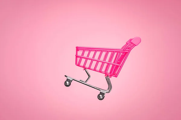 Empty Trolley Cart Isolated Pink Background Pink Shopping Trolley Supermarket — ストック写真