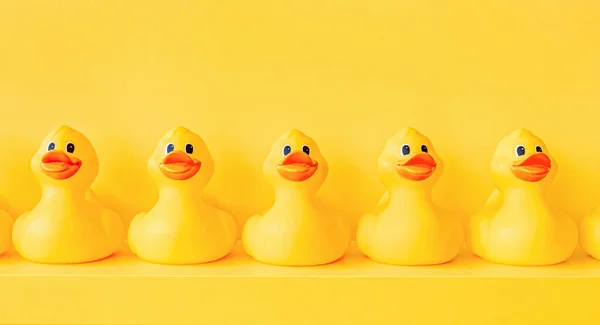 Design Yellow Rubber Ducks Line Toy Design Shelf Decor Rubber — Foto Stock