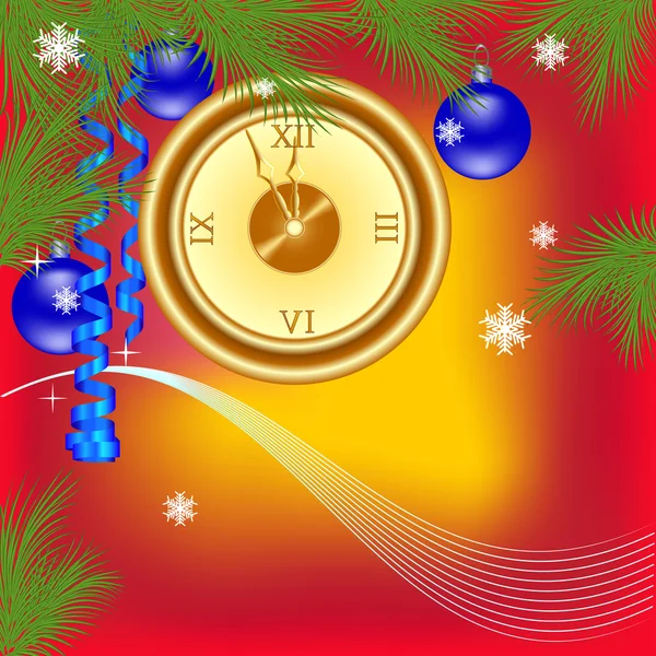 New Year clock on a red background — Stock Vector