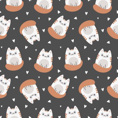 Kedilerle hoş, pürüzsüz bir desen. Çocuksu, karanlık bir geçmişi var. Kumaş, tekstil, duvar kağıdı, giysi, poster baskısı.
