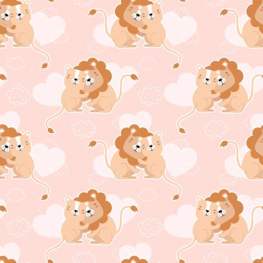 Sevimli aslanlar kucaklaşır. Pembe arka planda izole edilmiş çocuksu illüstrasyon. Ben de seni seviyorum. - Valentine. Kartpostalda, posterde, kıyafetlerde yazdır.