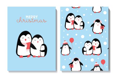 Noel ve içinde şirin Noel penguenleri olan yeni yıl kartları. Kusursuz desen. Kartpostallar, posterler, baskılar, çocuk odası için uygun. Kumaş ve tekstil için yaratıcı çocuksu arkaplan