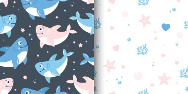 Köpekbalıkları ve deniz cisimleri olan iki tane kusursuz desen. Yosun, köpekbalıkları, kabarcıklar, su, deniz. Beyaz arka planda çocukça bir illüstrasyon. Posterlere, kartpostallara, kıyafetlere yazdır.