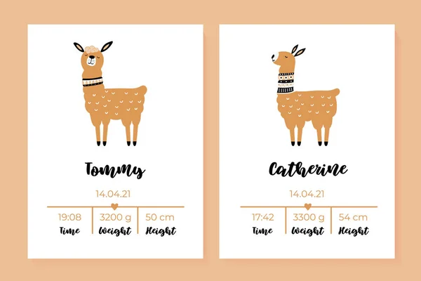 Ensemble Affiches Pour Enfants Taille Poids Date Naissance Lama Illustration — Image vectorielle