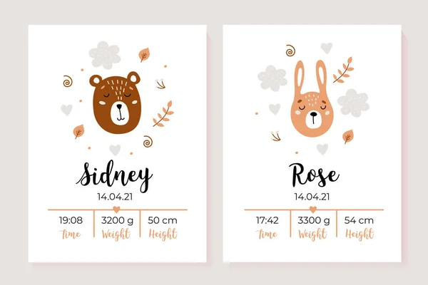 Soubor Dětských Plakátů Výška Váha Datum Narození Medvěd Zajíc Ilustrace — Stockový vektor
