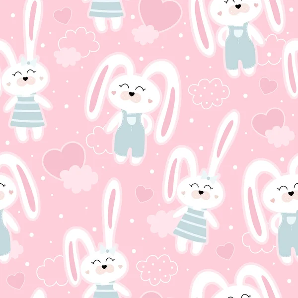 Cute Seamless Pattern Bunnies Cute Rabbits Background Heart Couple Love — Stock Vector