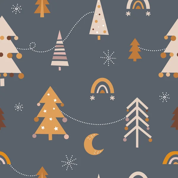 Noel ağaçlarıyla boho tarzında şirin, kusursuz bir Noel deseni. Vektör koyu arkaplan. Farklı Noel ağaçları, oyuncak, kar, top. Paket kağıdı, kumaş, tekstil.
