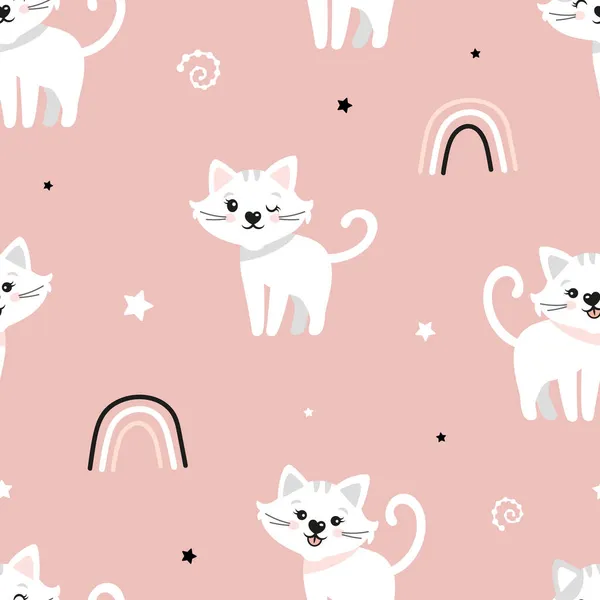 Cute Seamless Pattern Cats Cute Cat Rainnbow Stars Children Vector — Stock Vector