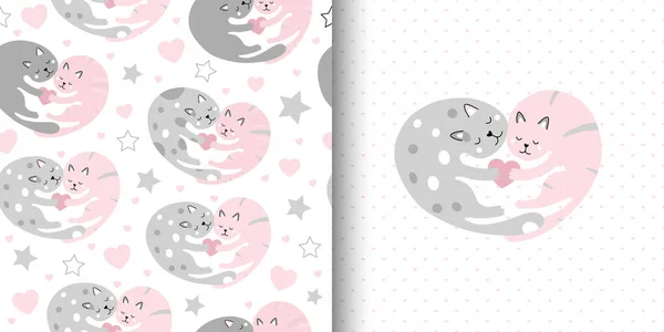 猫が好きなハート型のかわいいシームレスなパターン 夫婦は抱擁する ピンクの背景 ポストカード ポスター 包装紙に印刷する — ストックベクタ