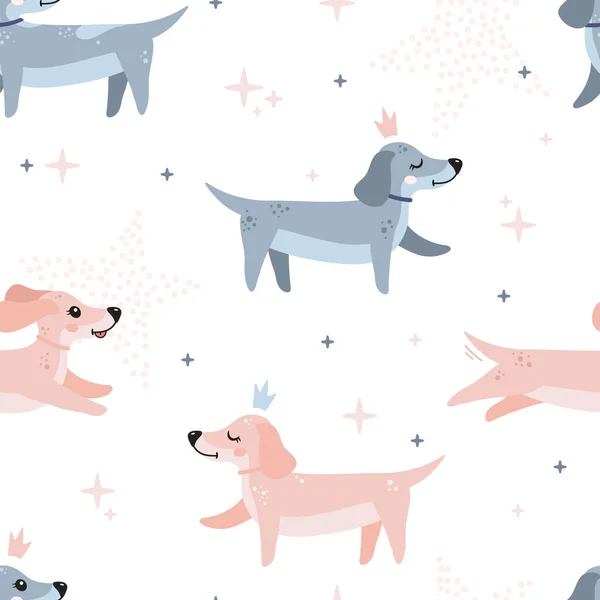 犬とのかわいいシームレスなパターン かわいいダックスフント スキャンディナヴィア風のベクトルベビー背景 包装紙 壁紙の印刷に適しています — ストックベクタ