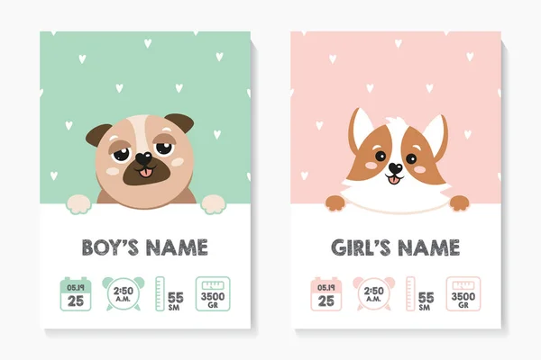 Çocuk posterleri, boy, kilo, doğum tarihi. Corgi. Pug. Savunma Bakanlığı. Koyu ve gri arkaplanda vektör çizimi. Çocuk odası için yeni doğan ölçüsü.