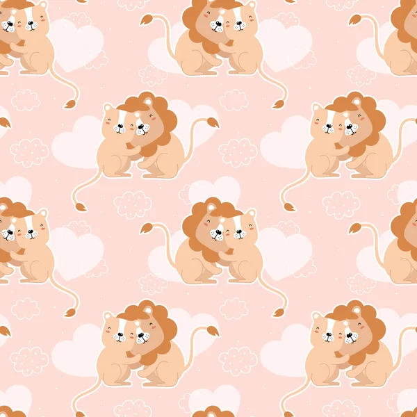 Sevimli aslanlar kucaklaşır. Pembe arka planda izole edilmiş çocuksu illüstrasyon. Ben de seni seviyorum. - Valentine. Kartpostalda, posterde, kıyafetlerde yazdır.