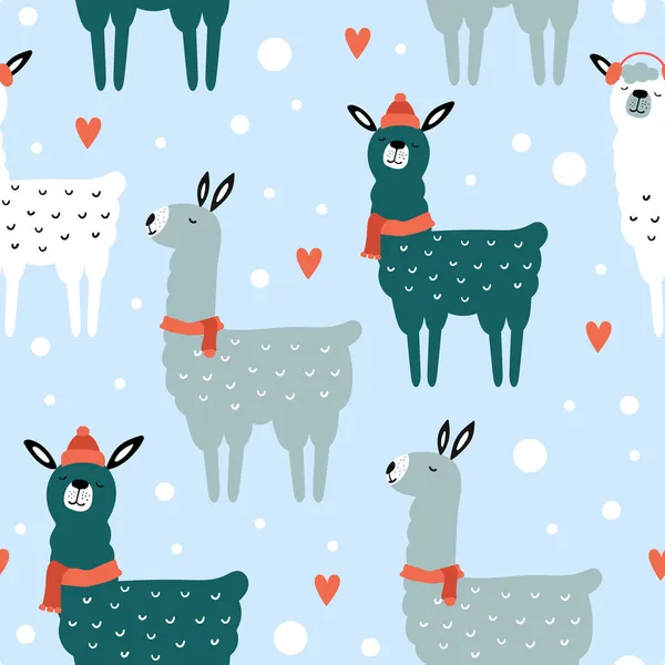 Noël Bonne Année Modèle Sans Couture Avec Des Lamas Mignons — Image vectorielle