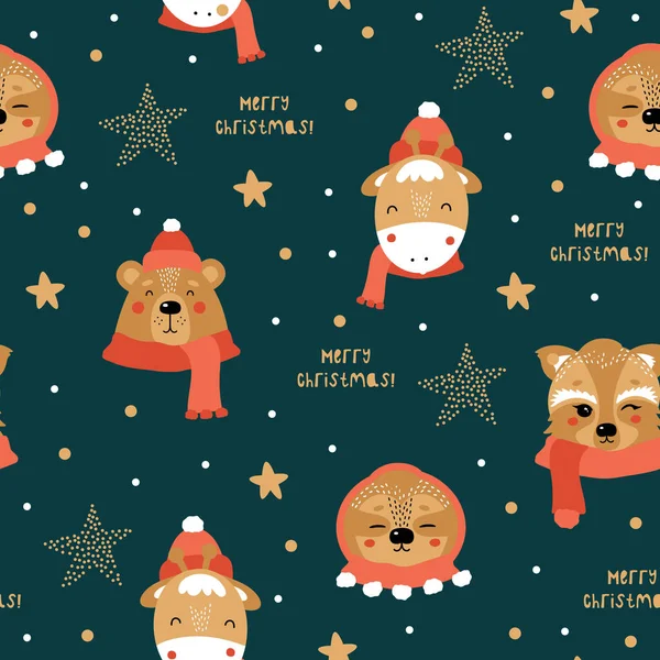 Рождество Счастливый Новый Год Милым Медведем Жирафом Ленивцем Енотом Шаблон — стоковый вектор