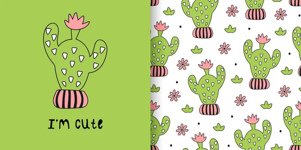 Illustration Motif Enfantin Sans Couture Avec Cactus Mignon Dans Style — Image vectorielle