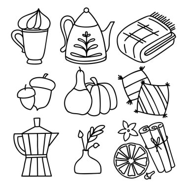 Elle çizilmiş sonbahar kızarıklığı ruh hali ikonları karalama tarzında. Mevsimsel dekorasyon için beyaz arkaplanda izole edilmiş şirin çizgi film unsurları koleksiyonu.