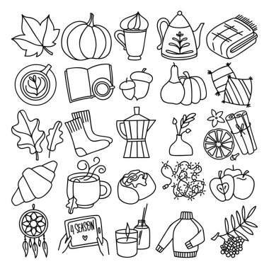 Elle çizilmiş sonbahar kızarıklığı ruh hali ikonları karalama tarzında. Mevsimsel dekorasyon için beyaz arkaplanda izole edilmiş şirin çizgi film unsurları koleksiyonu.