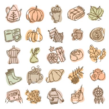 Elle çizilmiş sonbahar kızarması durum vektör simgeleri karalama stili ve harf şeklinde. Sevimli çizgi film unsurları koleksiyonu ve sezonluk dekorasyon için beyaz arkaplanda izole edilmiş motivasyon ifadeleri.