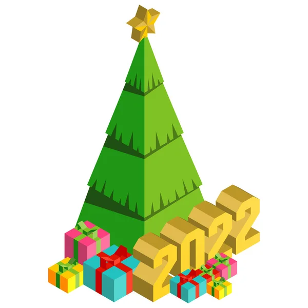 Isometric Christmas Holiday Illustration Fir Tree Gold Numbers 2022 Colorful — Stock vektor